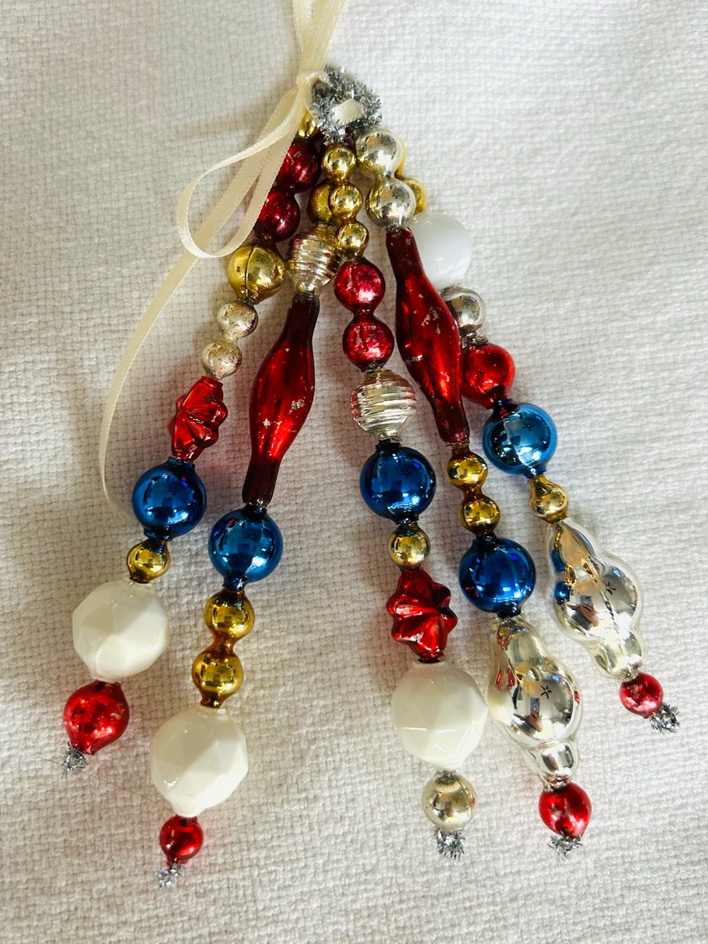Vintage Repurposed 4th of July ornaments, mercury Glass garland bead icicle